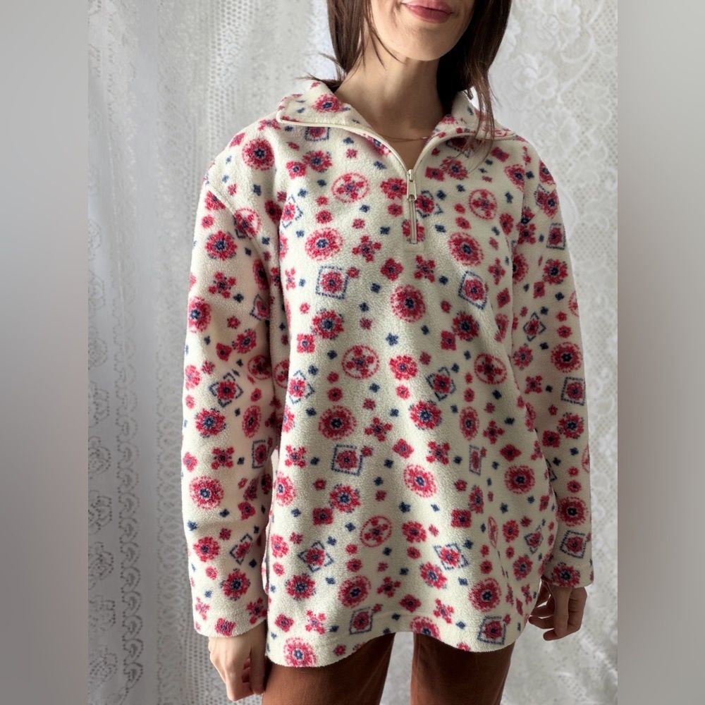 Vintage 1990s Cabin Creek Floral Quarter Zip Fleece Pullover Cottage Cozy - Picture 3 of 16